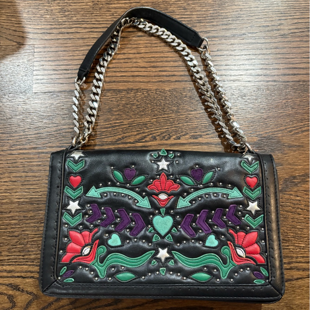 Embroidered Black Chain Strap Bag